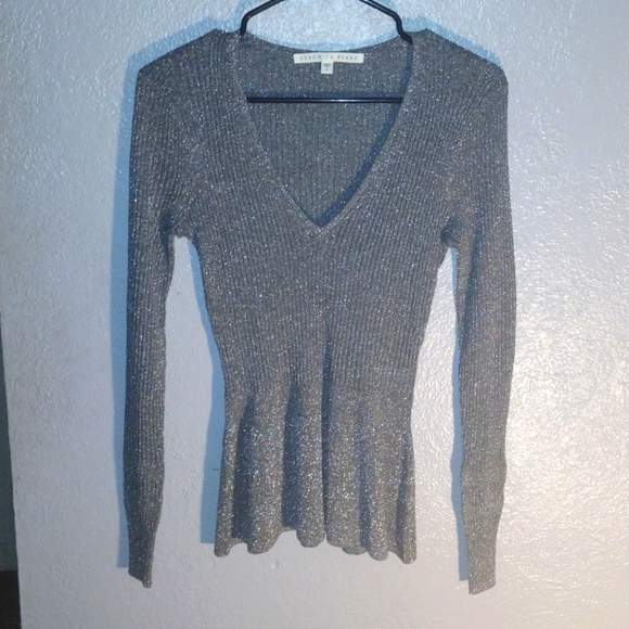 Veronica Beard Esmeralda V Neck Silver Metallic Pullover Ribbed Top S - Picture 1 of 6